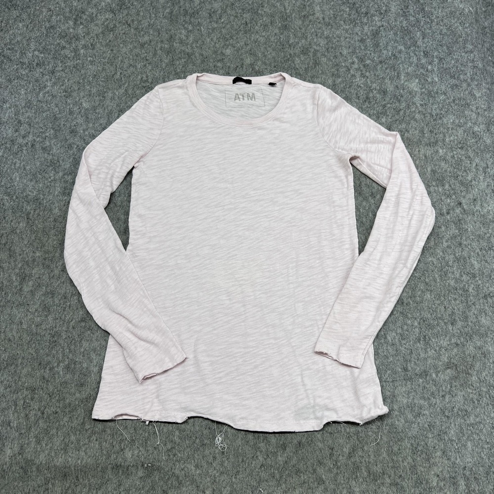ATM Shirt Womens S Pink Crew Neck Long Sleeve Slub Jersey Knit Top Distressed